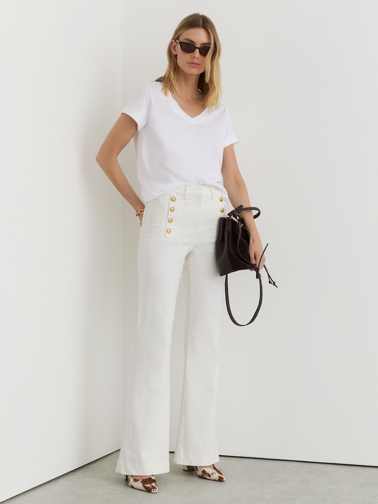 Reiss White Athena Petite Button-Detail Flared Jeans - Image 1 of 8