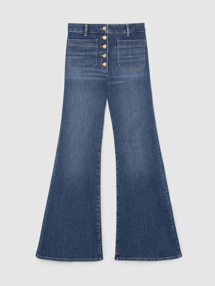 Reiss Mid Blue Cali Twin-Pocket Button Flared Jeans - Image 2 of 7