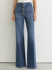 Reiss Mid Blue Cali Twin-Pocket Button Flared Jeans - Image 3 of 7