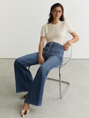 Reiss Mid Blue Cali Twin-Pocket Button Flared Jeans - Image 4 of 7