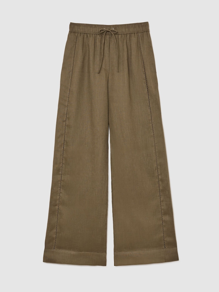 卡其綠色 - Reiss Riley Linen Ladder-Embroidery Wide-Leg Trousers - 圖片 2，共 9