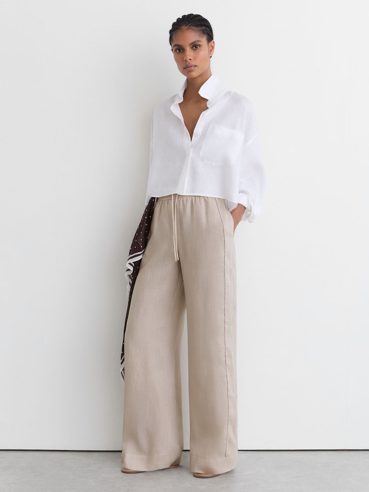 素色 - Reiss Riley Linen Ladder-Embroidery Wide-Leg Trousers - 圖片 1，共 9