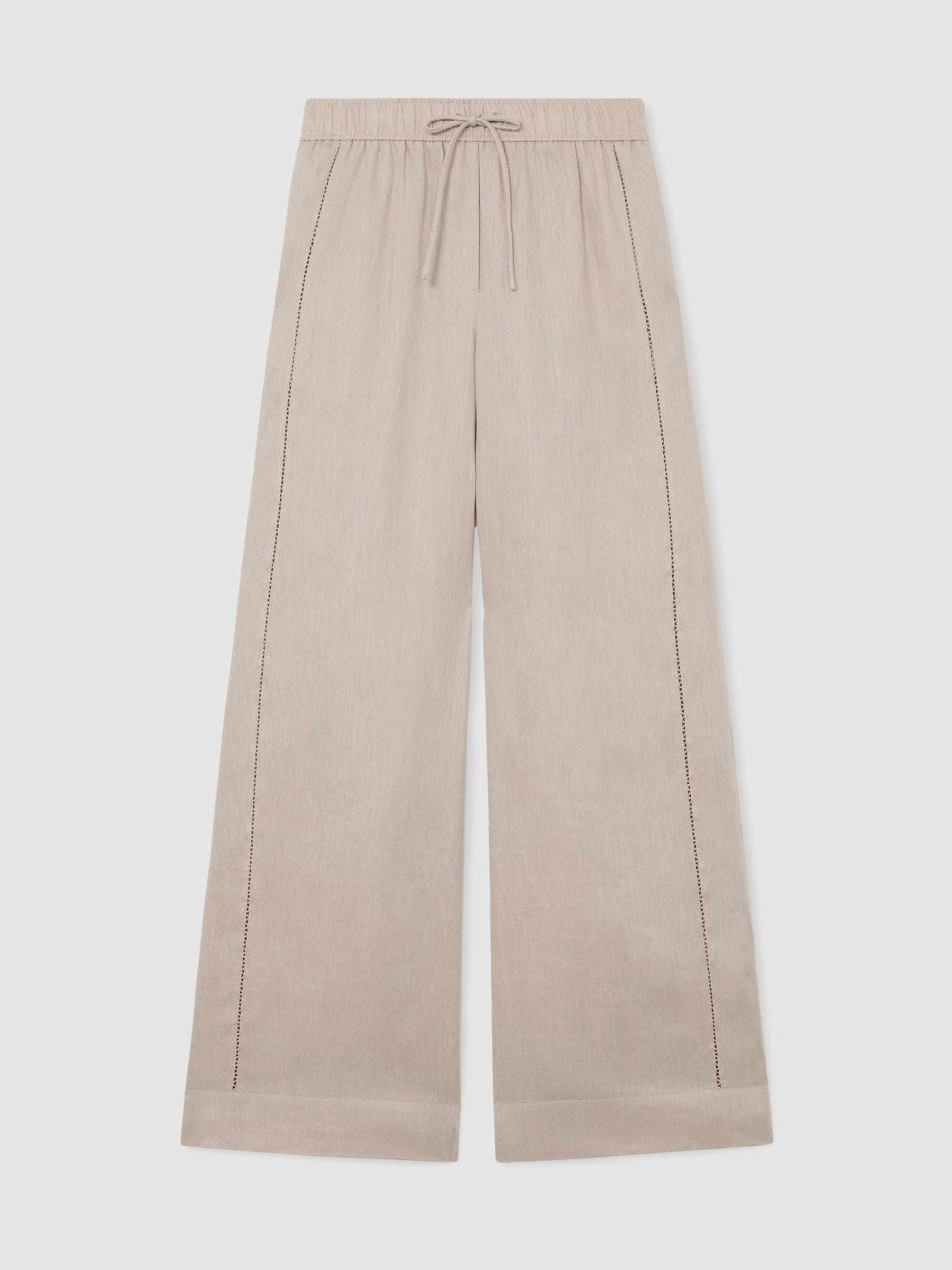 Buy Reiss Neutral Riley Linen Ladder-Embroidery Wide-Leg Trousers