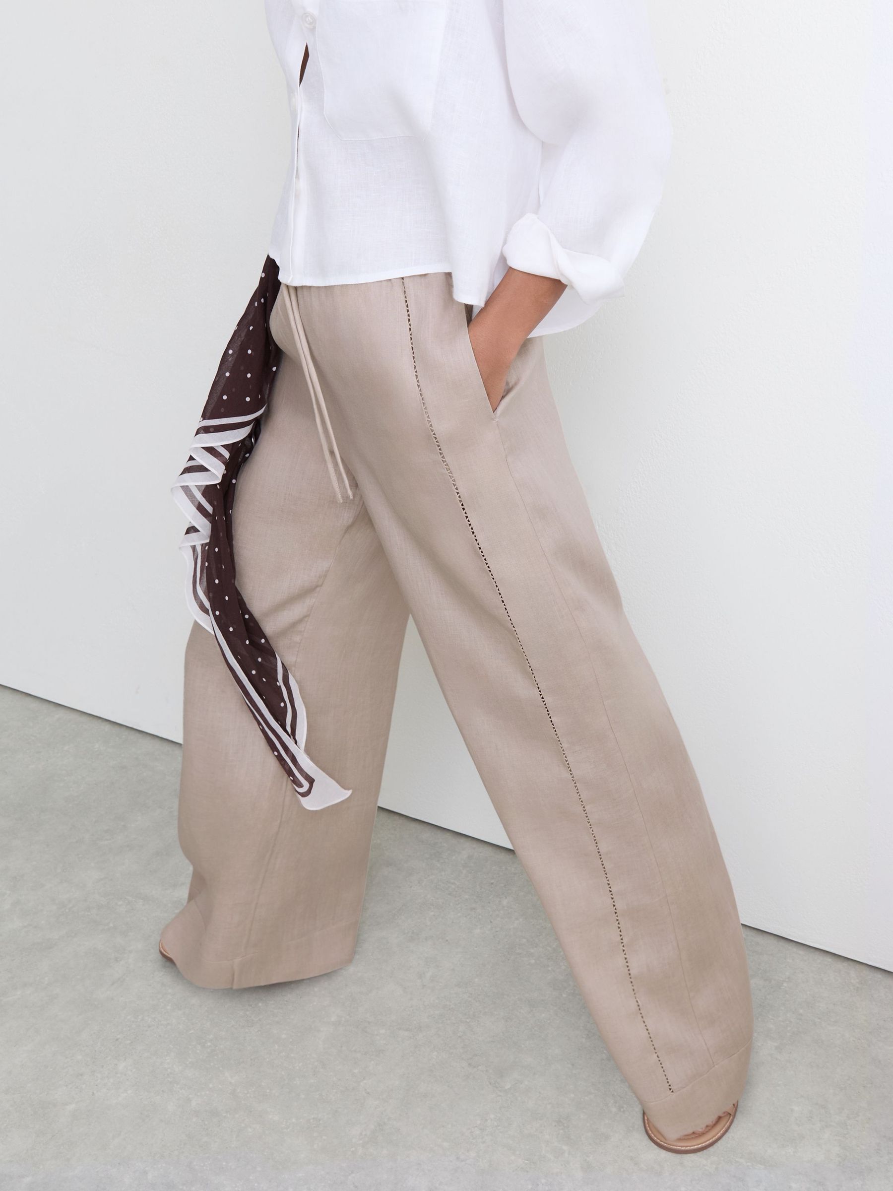 Buy Reiss Neutral Riley Linen Ladder-Embroidery Wide-Leg Trousers