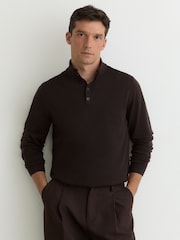Reiss Chocolate Brown Farnham Merino Wool Half-Button Funnel Jumper - Image 1 of 5
