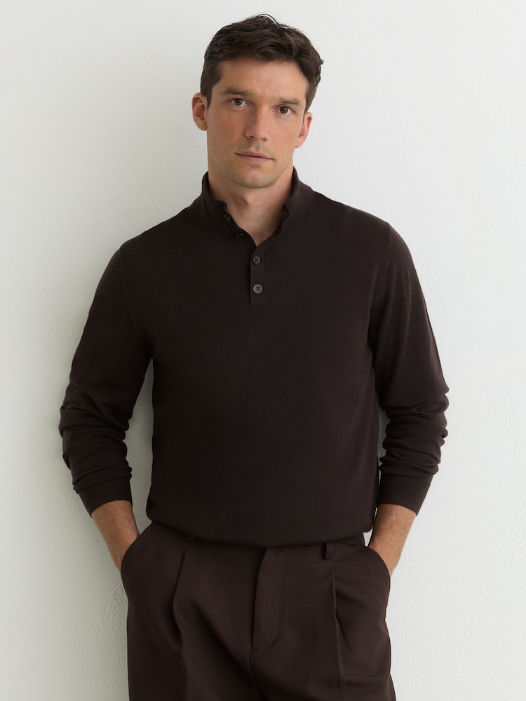 Reiss Chocolate Brown Farnham Merino Wool Half-Button Funnel Jumper - Image 1 of 5