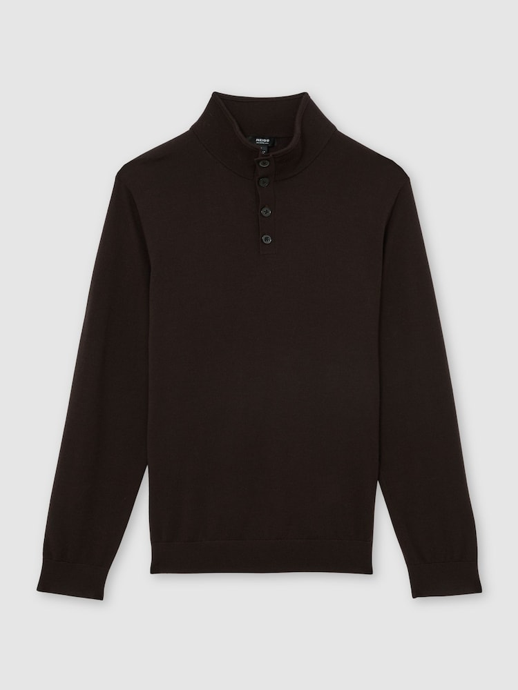Reiss Chocolate Brown Farnham Merino Wool Half-Button Funnel Jumper - Image 2 of 5