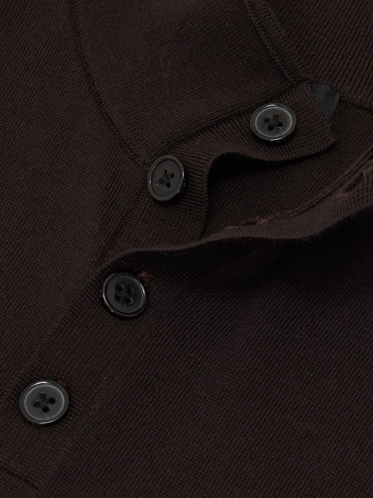 Reiss Chocolate Brown Farnham Merino Wool Half-Button Funnel Jumper - Image 5 of 5