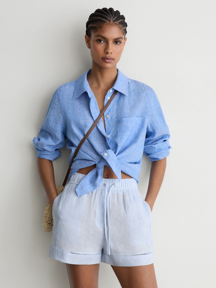 Reiss Ice Blue Riley Linen Ladder-Embroidery Shorts - Image 1 of 6 Reiss Ice Blue Riley Linen Ladder-Embroidery Shorts - Image 1 of 6