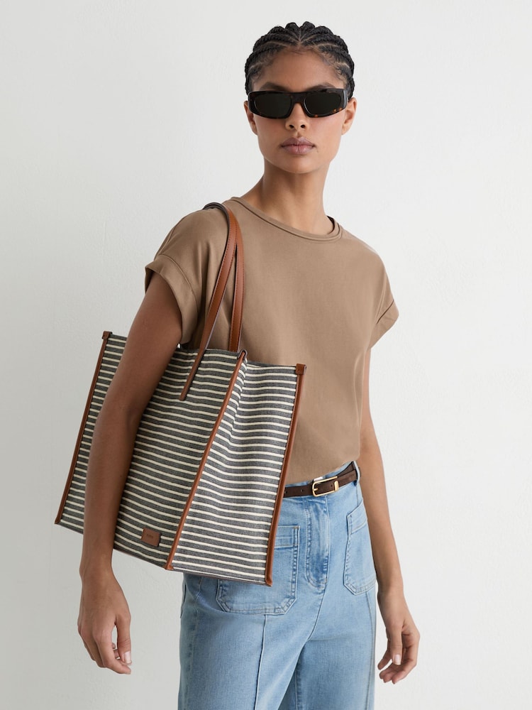 Reiss Navy/Off White Sacha Striped Canvas Tote Bag - Image 1 of 6 Reiss Navy/Off White Sacha Striped Canvas Tote Bag - Image 1 of 6