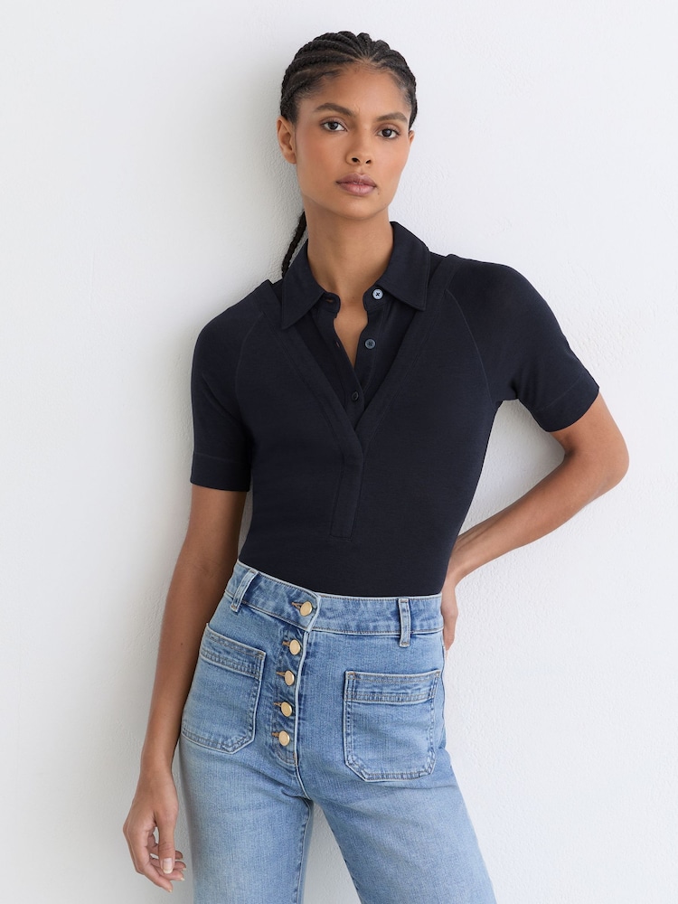 Reiss Navy Shona Collar-Insert Jersey-Knit Top with Wool - Image 1 of 6 Reiss Navy Shona Collar-Insert Jersey-Knit Top with Wool - Image 1 of 6