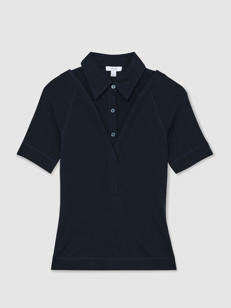 Reiss Navy Shona Collar-Insert Jersey-Knit Top with Wool - Image 2 of 6 Reiss Navy Shona Collar-Insert Jersey-Knit Top with Wool - Image 2 of 6
