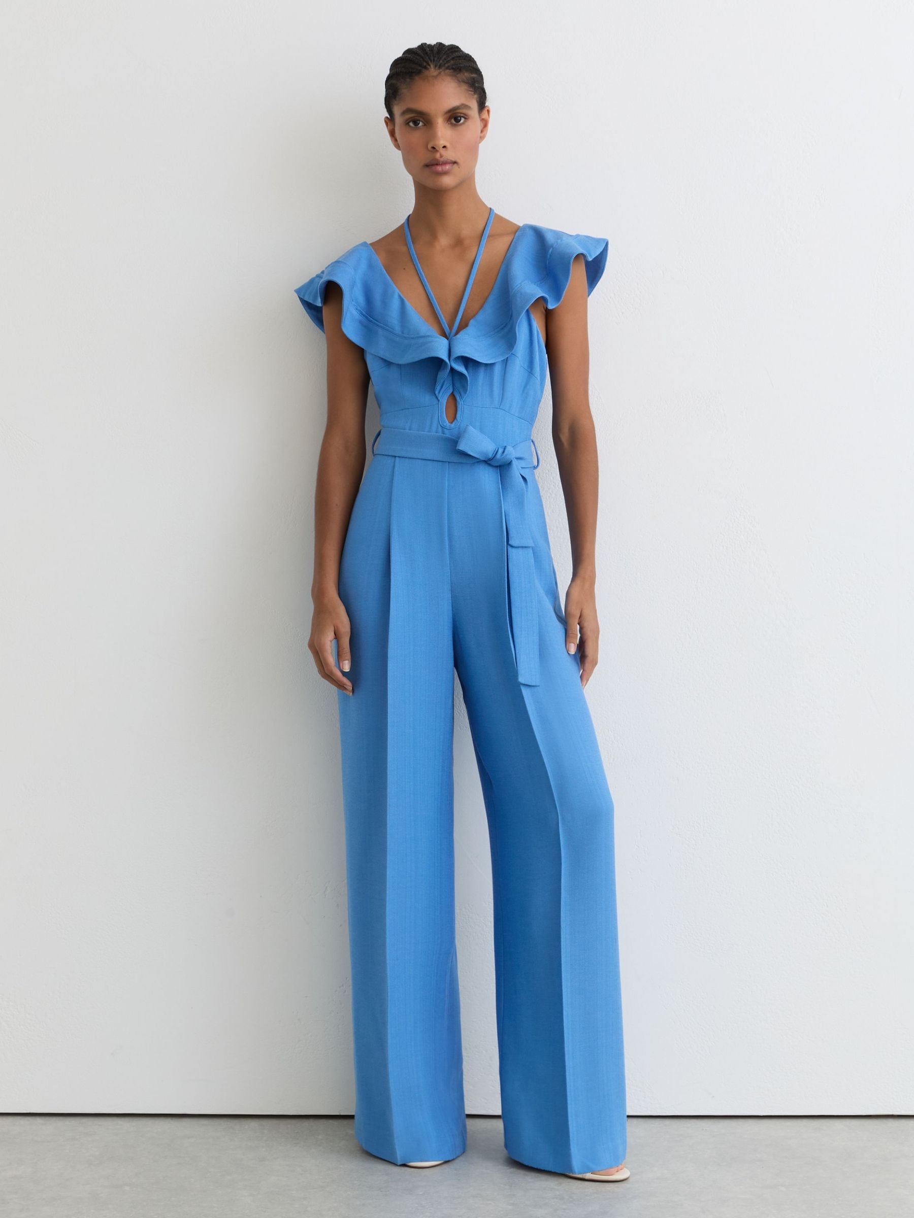 Reiss Blue Ruffle Tie-neck Wide-leg Jumpsuit