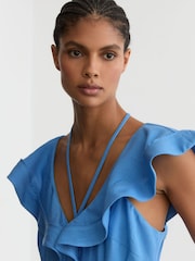 Reiss Blue Sophia Ruffle Tie-Neck Wide-Leg Jumpsuit - Image 6 of 7