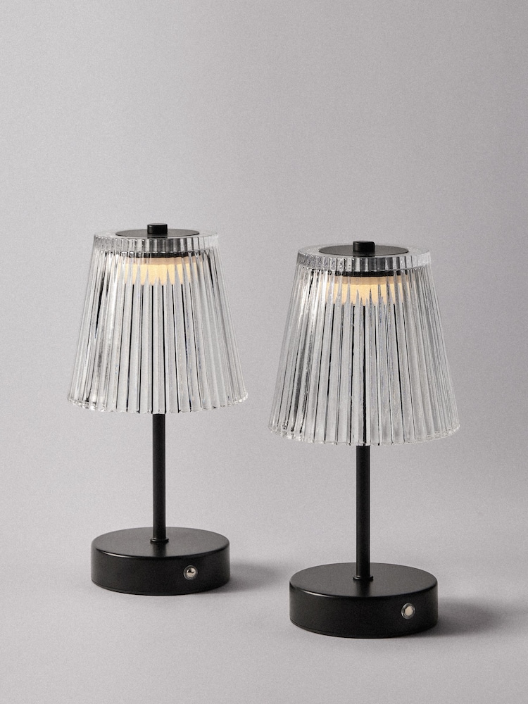 The Set 2 Pack Black Ribbed Glass Rechargeable Table Lamp - Image 2 of 6 The Set 2 Pack Black Ribbed Glass Rechargeable Table Lamp - Image 2 of 6