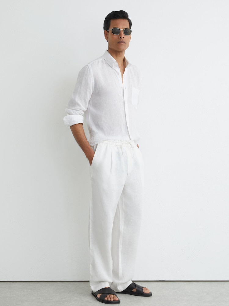 Reiss White Barges Linen Relaxed-Fit Drawstring Trousers - Image 1 of 7 Reiss White Barges Linen Relaxed-Fit Drawstring Trousers - Image 1 of 7