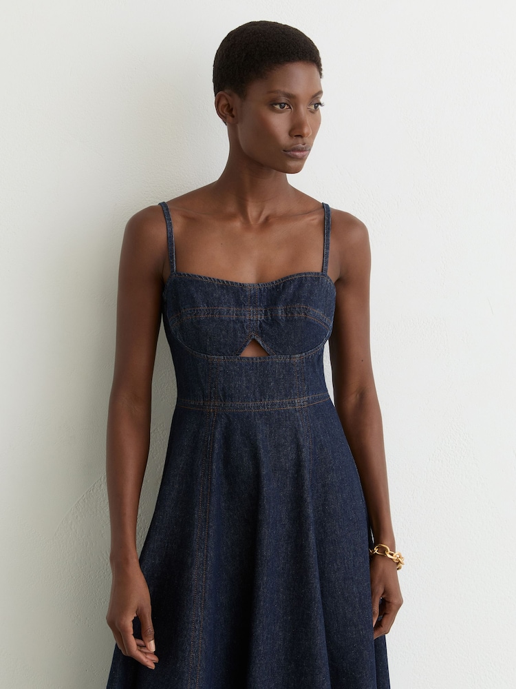 Reiss Indigo Blue Emma Denim Fit-and-Flare Midi Dress - Image 1 of 7