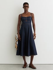 Reiss Indigo Blue Emma Denim Fit-and-Flare Midi Dress - Image 3 of 7