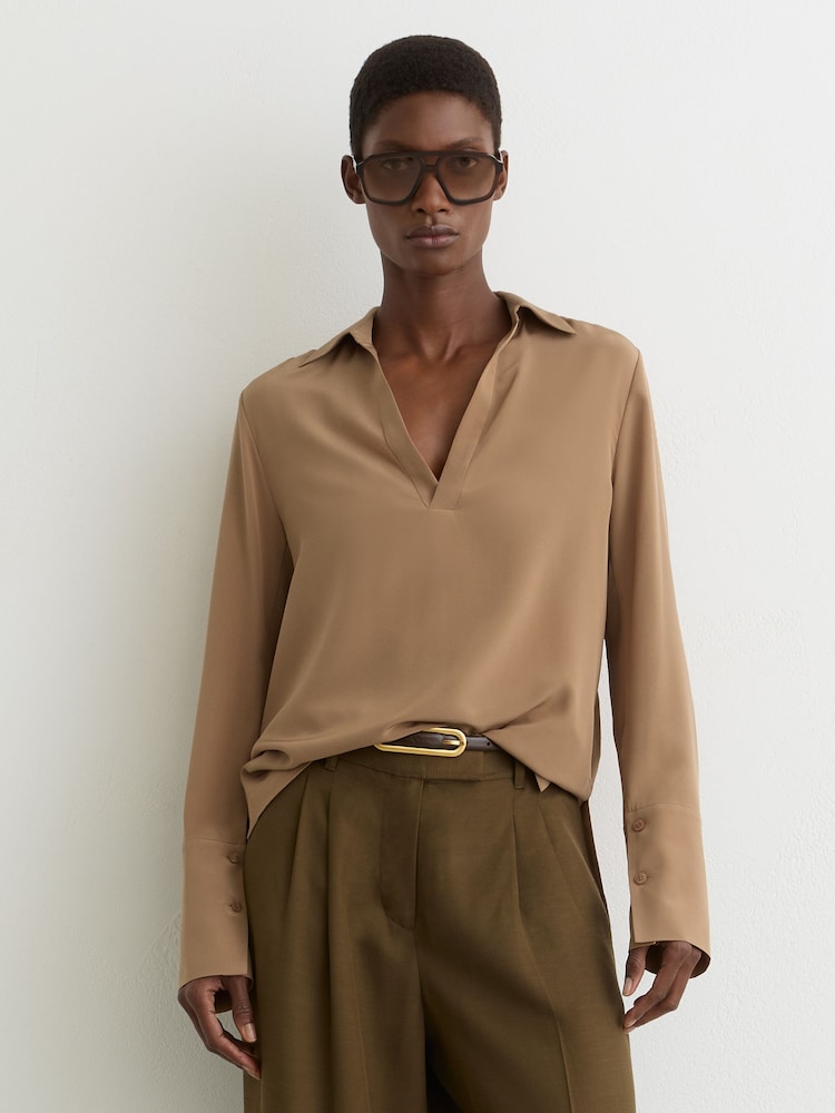 Reiss Camel Maria Matte-Silk Open-Collar Blouse - Image 1 of 7