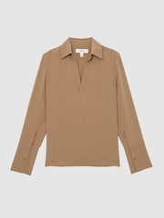 Reiss Camel Maria Matte-Silk Open-Collar Blouse - Image 2 of 7