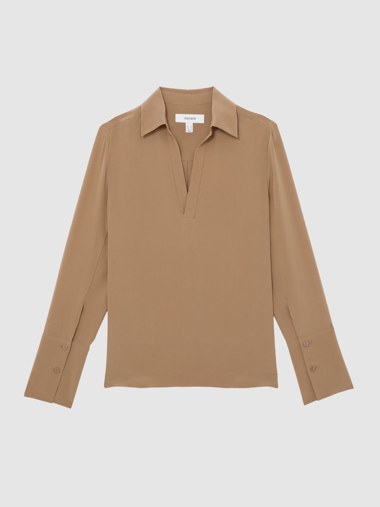 Reiss Camel Maria Matte-Silk Open-Collar Blouse - Image 2 of 7