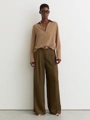Reiss Camel Maria Matte-Silk Open-Collar Blouse - Image 3 of 7