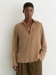 Reiss Camel Maria Matte-Silk Open-Collar Blouse - Image 6 of 7