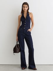Reiss Indigo Blue Lolita Denim Halterneck Flared Jumpsuit - Image 1 of 6