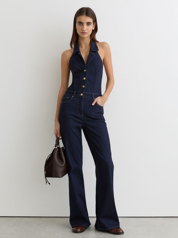 Reiss Indigo Blue Lolita Denim Halterneck Flared Jumpsuit - Image 1 of 6
