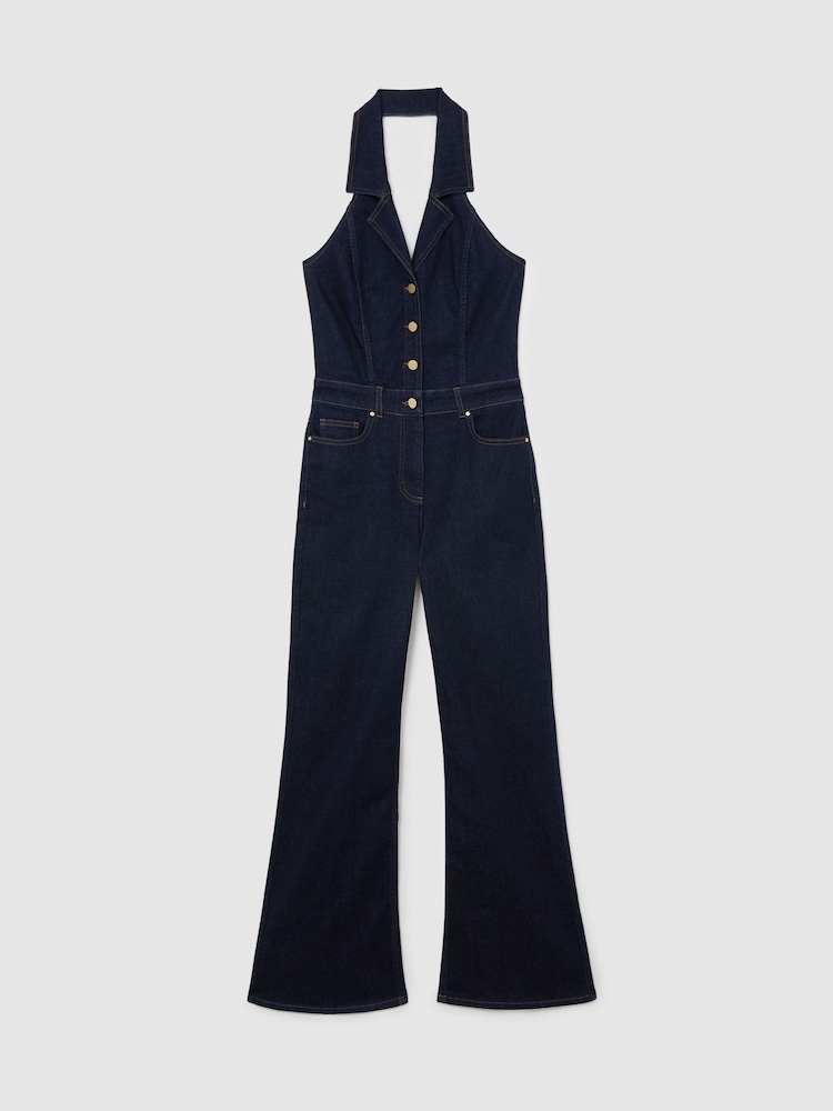 Reiss Indigo Blue Lolita Denim Halterneck Flared Jumpsuit - Image 2 of 6
