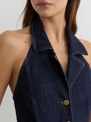 Reiss Indigo Blue Lolita Denim Halterneck Flared Jumpsuit - Image 3 of 6
