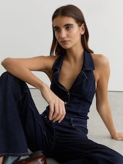 Reiss Indigo Blue Lolita Denim Halterneck Flared Jumpsuit - Image 5 of 6