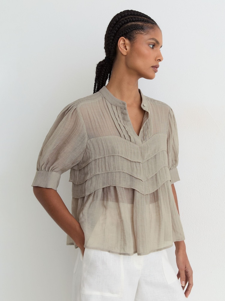 Reiss Grey Georgia Frill-Detail Half-Button Blouse - Image 1 of 6