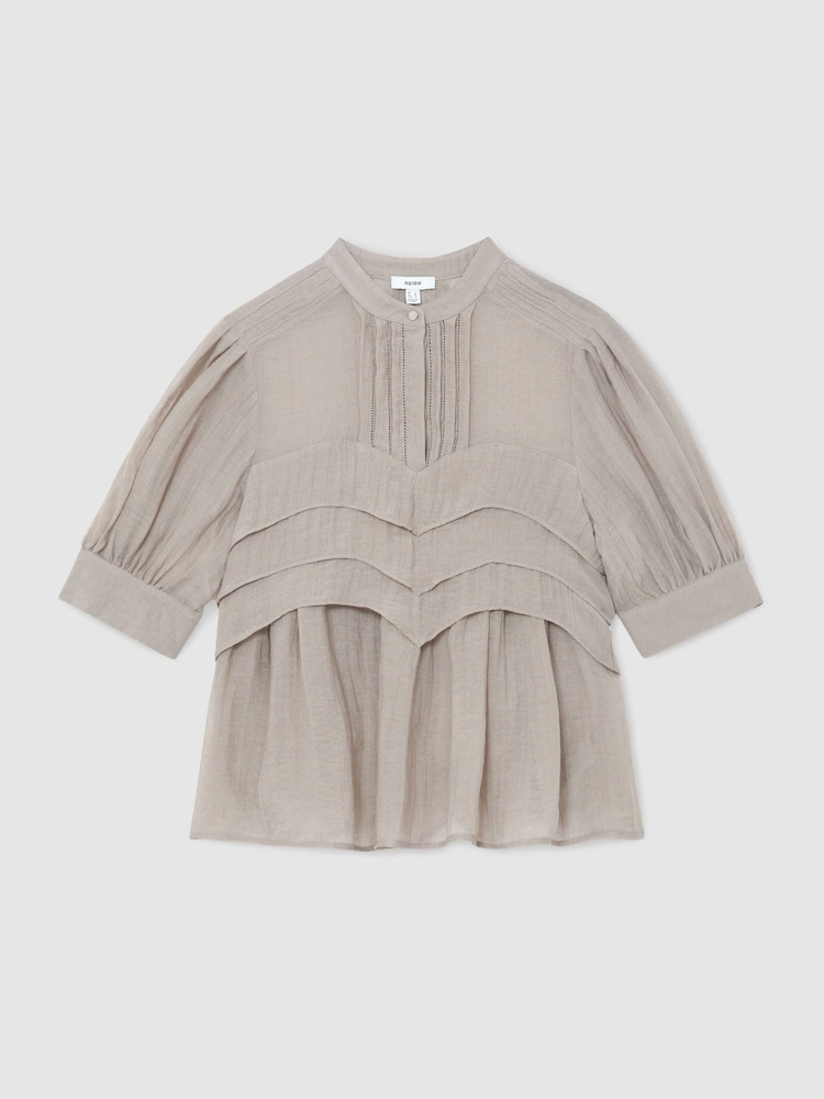 Reiss Grey Georgia Frill-Detail Half-Button Blouse - Image 2 of 6