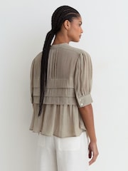 Reiss Grey Georgia Frill-Detail Half-Button Blouse - Image 5 of 6
