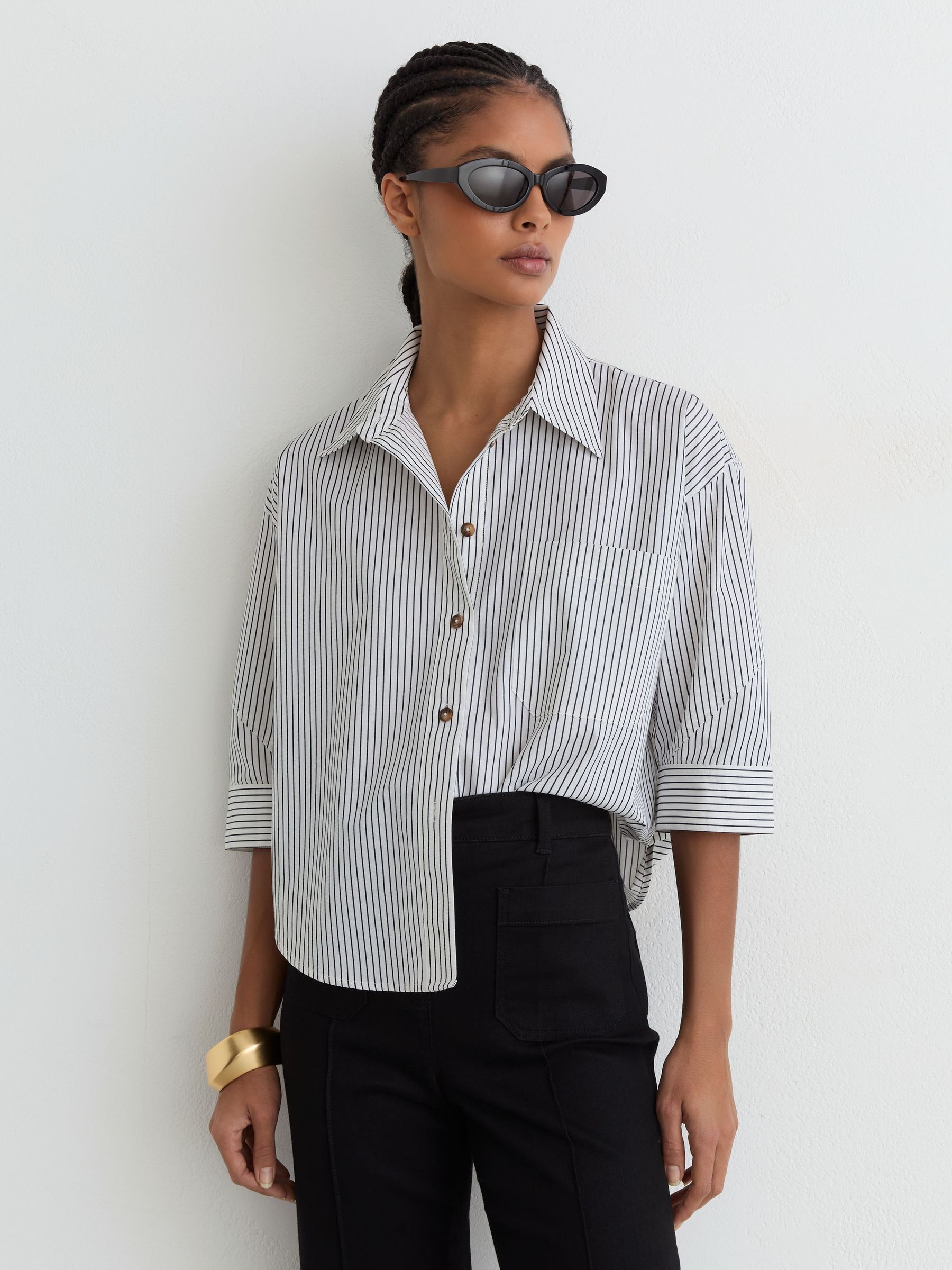 Reiss Ivory/blue Cotton Striped Cropped Shirt In Multi