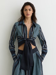 Reiss Navy/Ivory Jackson Linen Scarf-Print Tie-Front Shirt - Image 1 of 7