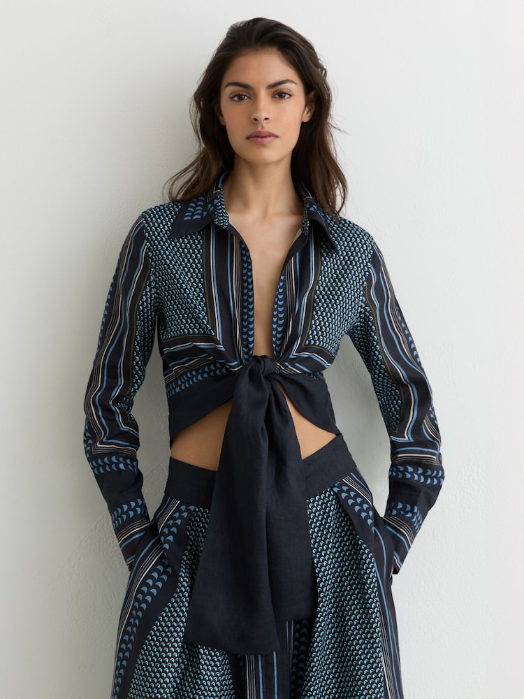 Reiss Navy/Ivory Jackson Linen Scarf-Print Tie-Front Shirt - Image 1 of 7