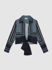 Reiss Navy/Ivory Jackson Linen Scarf-Print Tie-Front Shirt - Image 2 of 7