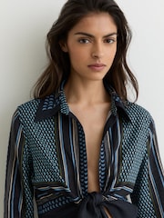 Reiss Navy/Ivory Jackson Linen Scarf-Print Tie-Front Shirt - Image 4 of 7