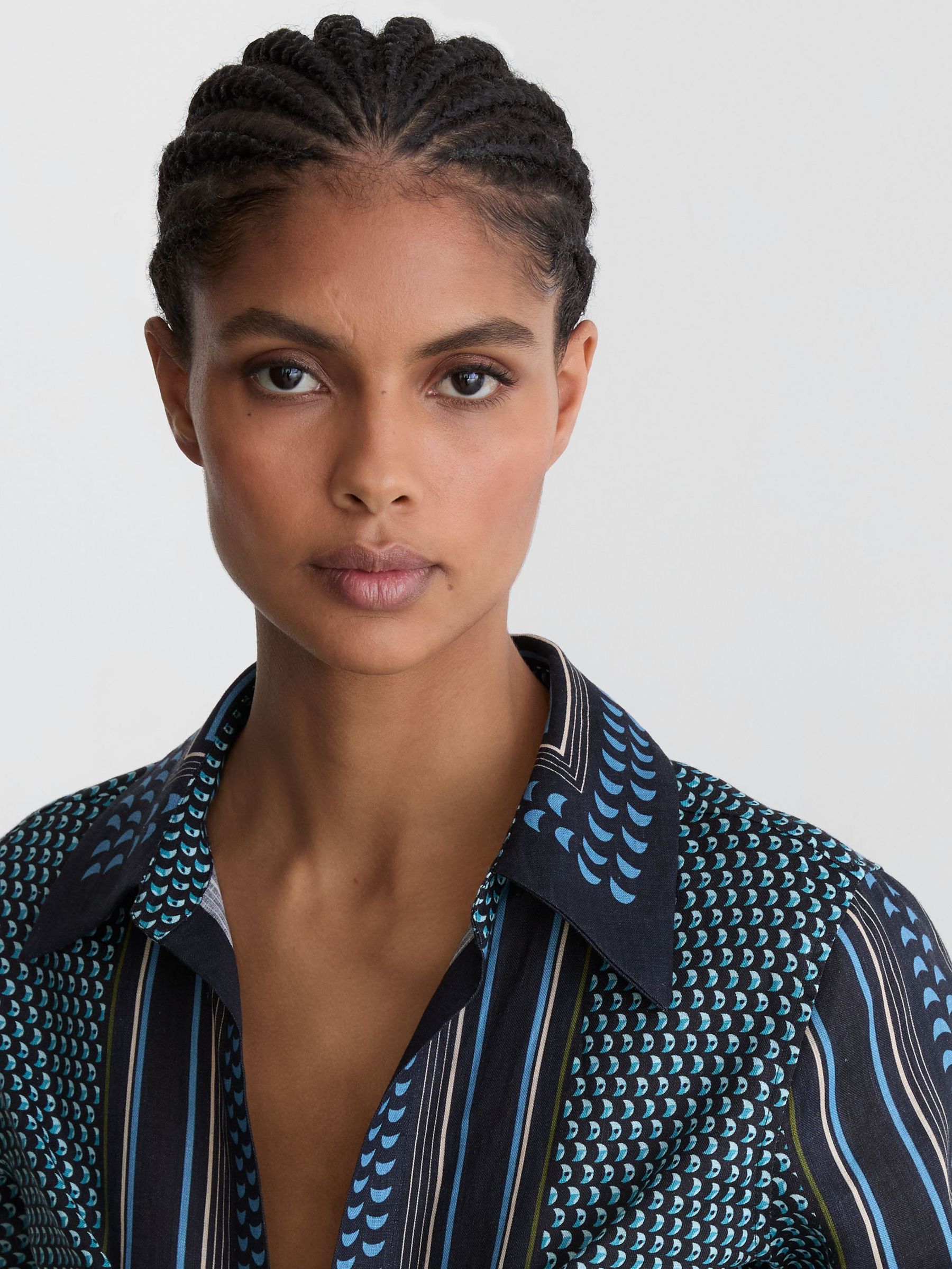 Buy Reiss Navy/Ivory Jackson Linen Scarf-Print Tie-Front Shirt