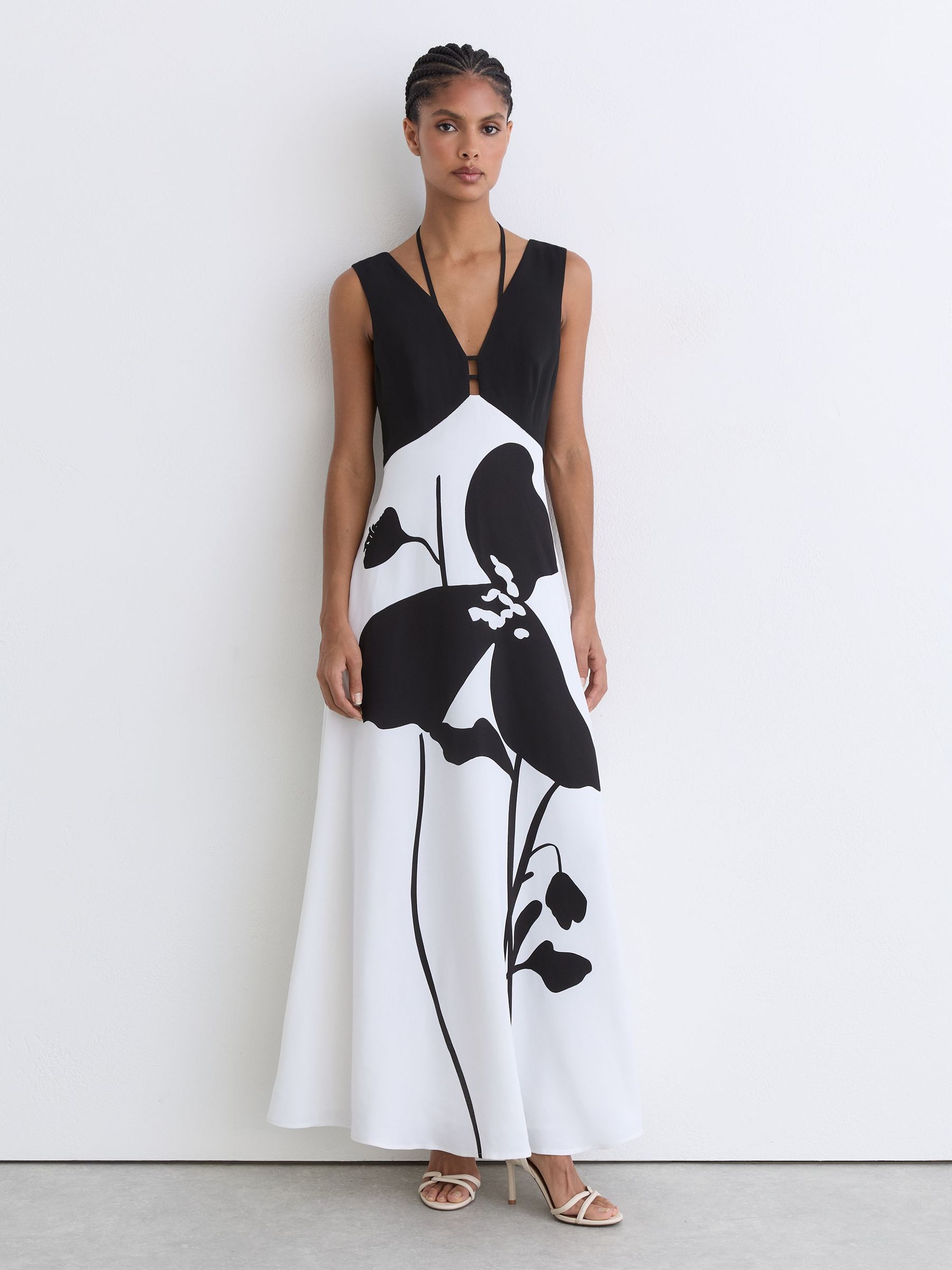 Buy Reiss Ivory/Black Cecile Graphic Floral-Print Maxi Dress from