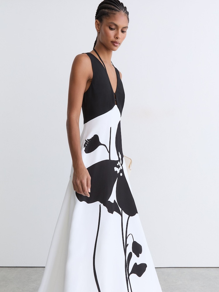white dress with black flower print Black Floral Embroidered Midi Dress - All Dresses