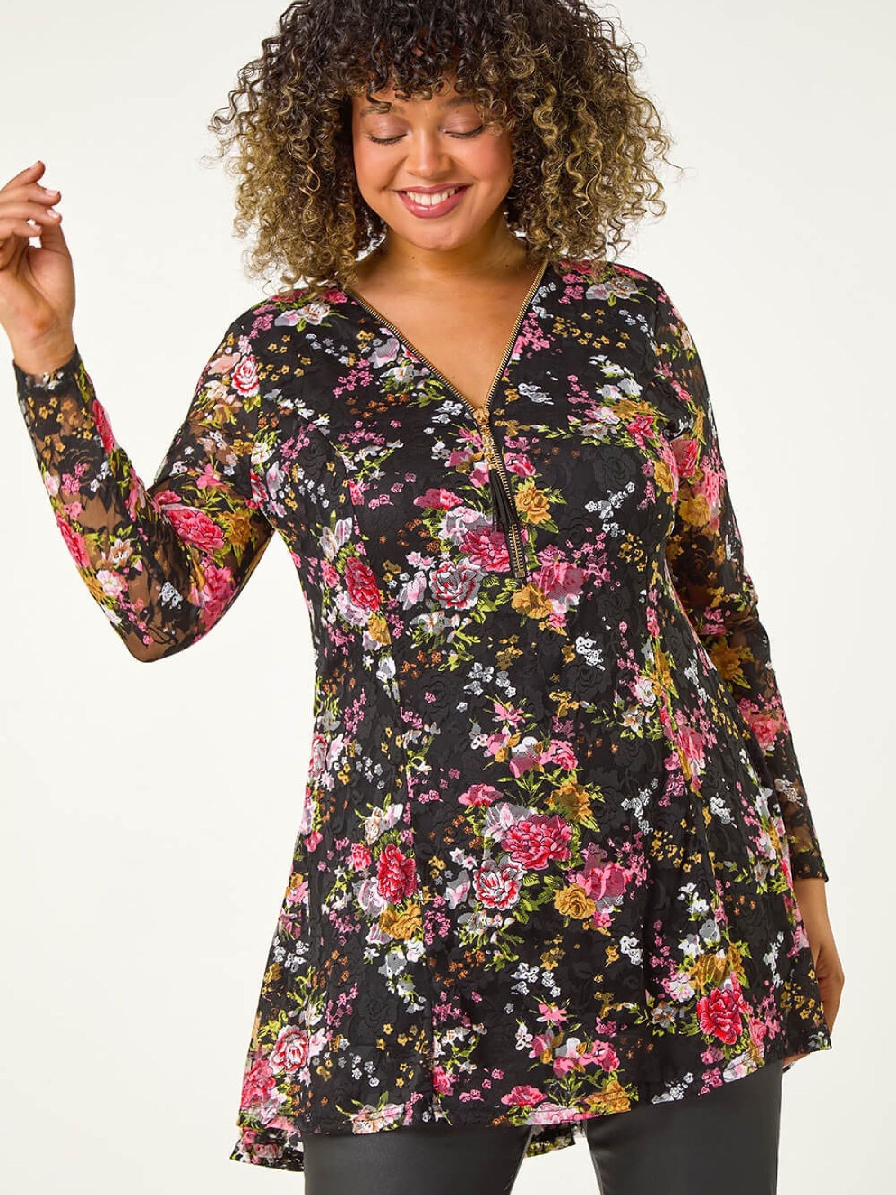 Buy Roman Pink Curve Floral Print V-Neck Zip Front Top from Next