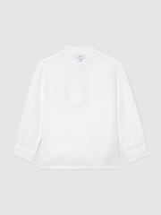 Reiss White Hawkin 3-9 yrs Linen Grandad-Collar Half-Button Shirt - Image 1 of 3