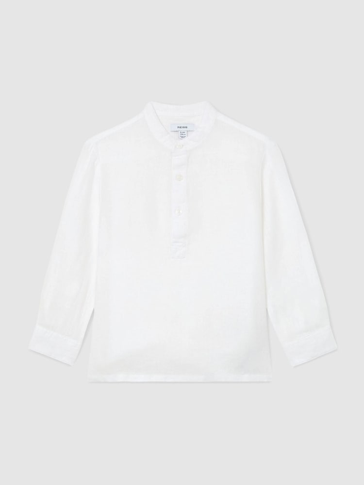 Reiss White Hawkin 3-9 yrs Linen Grandad-Collar Half-Button Shirt - Image 1 of 3 Reiss White Hawkin 3-9 yrs Linen Grandad-Collar Half-Button Shirt - Image 1 of 3
