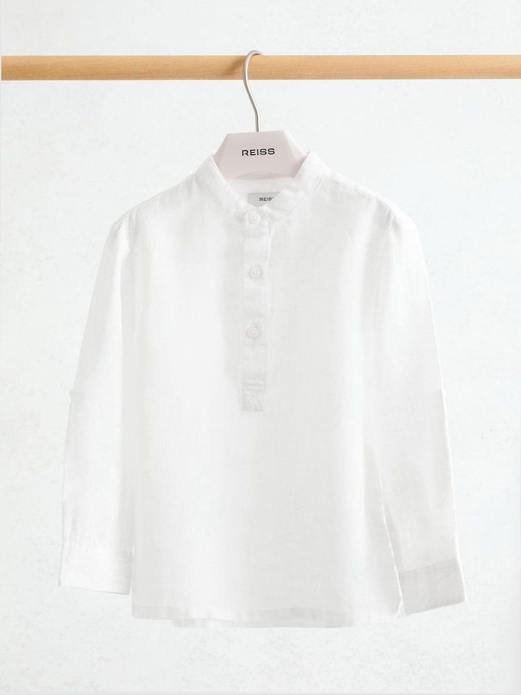 Reiss White Hawkin 3-9 yrs Linen Grandad-Collar Half-Button Shirt - Image 2 of 3 Reiss White Hawkin 3-9 yrs Linen Grandad-Collar Half-Button Shirt - Image 2 of 3