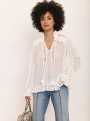 Mint Velvet Cream Broderie Trim Longline Blouse - Image 1 of 8