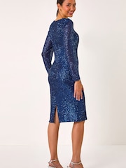 Roman Blue Sequin Sweetheart Stretch Midi Dress - Image 2 of 5