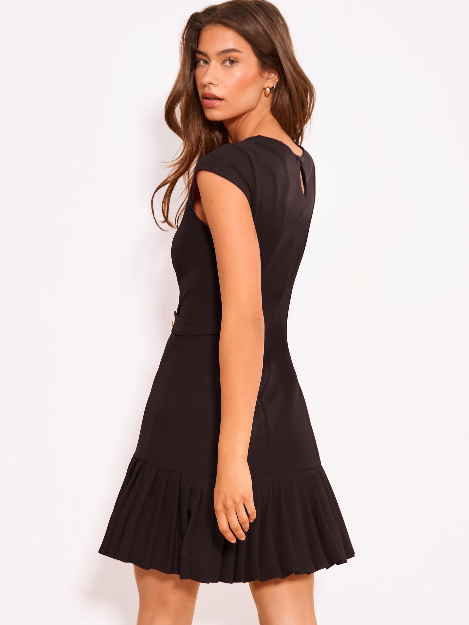 Buy Lipsy Black Pleated Hem Gold Button Detail Mini Dress from the